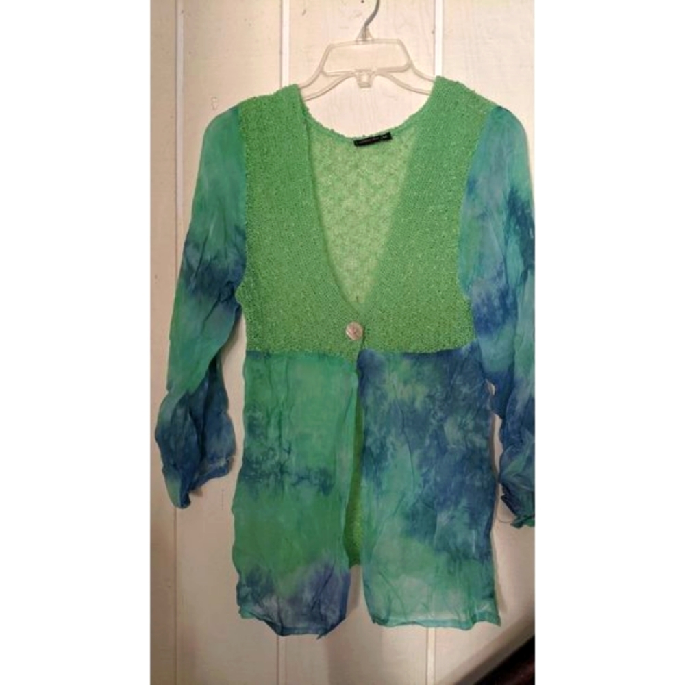 Sweater Girl Women's Medium Fly away Cardigan Green Blue Chiffon Artsy